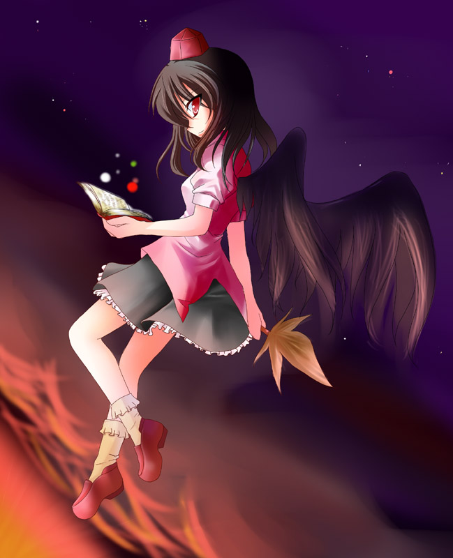 yashiro, yashiro (pixiv), yashiro (sakananohone), shameimaru aya, touhou, 1girl, black hair, black wings, expressionless, female focus, hat, looking at viewer, notebook, short hair, sky, socks, solo, wings