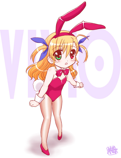 kairakuen umenoka, vivio, lyrical nanoha, mahou shoujo lyrical nanoha, mahou shoujo lyrical nanoha strikers, 00s, animal ears, fake animal ears, heterochromia, leotard, pantyhose, playboy bunny, rabbit ears, solo
