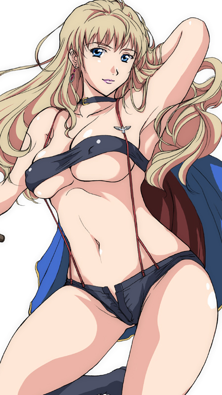 ishihara souka, sheryl nome, macross, macross frontier, 00s, 1girl, armpits, bare arms, bare legs, bare shoulders, black collar, black tube top, blonde hair, blue eyes, breasts, choker, closed mouth, collar, collarbone, covered erect nipples, earrings, eyebrows hidden by hair, female focus, jewelry, large breasts, lips, long hair, looking at viewer, midriff, navel, neck, purple lips, revealing clothes, simple background, smile, solo, standing, strapless, suspenders, thick thighs, thighs, tube top, underboob, white background
