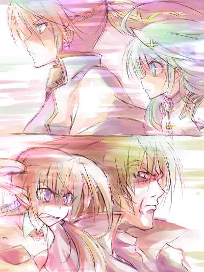 nekokun, agito, agito (nanoha), reinforce zwei, signum, zest grangeitz, lyrical nanoha, mahou shoujo lyrical nanoha, mahou shoujo lyrical nanoha strikers, 00s, 1boy, 3girls, angry, bandeau, blue eyes, braid, clenched teeth, coat, collarbone, detached collar, hair ornament, hairclip, long hair, motion lines, multiple girls, overcoat, pointy ears, ponytail, popped collar, profile, speed lines, teeth