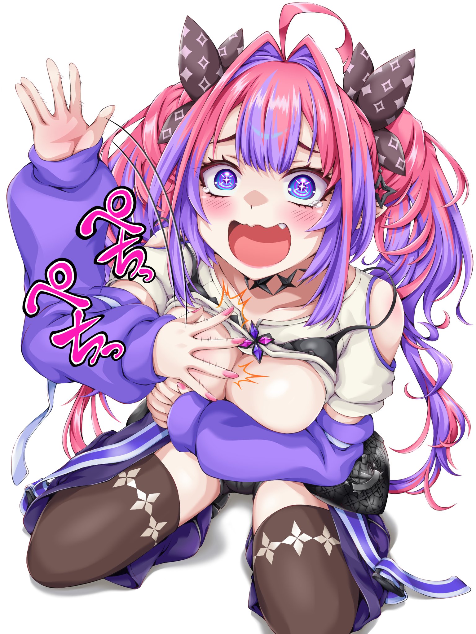 orendji, kikirara vivi, hololive, hololive dev is, highres, revision, translation request, + +, 1girl, @ @, ^^^, ahoge, bare shoulders, black bag, black bra, black shorts, blue eyes, blush, bra, bra lift, bra over clothes, breasts, brown ribbon, brown thighhighs, clothes lift, clothing cutout, collarbone, covering breasts, covering privates, detached sleeves, fang, fingernails, hair intakes, hair ribbon, kneeling, large breasts, long hair, long sleeves, motion lines, multicolored hair, nail polish, open mouth, pants, pink hair, pink lips, pink nails, pointy ears, purple hair, purple pants, purple sleeves, ribbon, shirt, shirt lift, short sleeves, shorts, shoulder cutout, simple background, sleeve garter, sleeves past wrists, solo, sparkle print, tearing up, thighhighs, thighs, twintails, two-tone hair, underwear, virtual youtuber, wavy mouth, white background, white shirt, wide-eyed