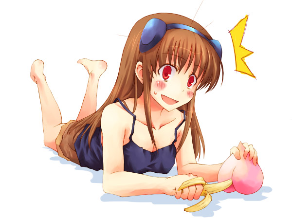 nekokun, deed (nanoha), numbers (nanoha), lyrical nanoha, mahou shoujo lyrical nanoha, mahou shoujo lyrical nanoha strikers, 00s, 1girl, banana, barefoot, blush, feet, female focus, food, fruit, holding, holding food, holding fruit, peach, sexually suggestive, solo
