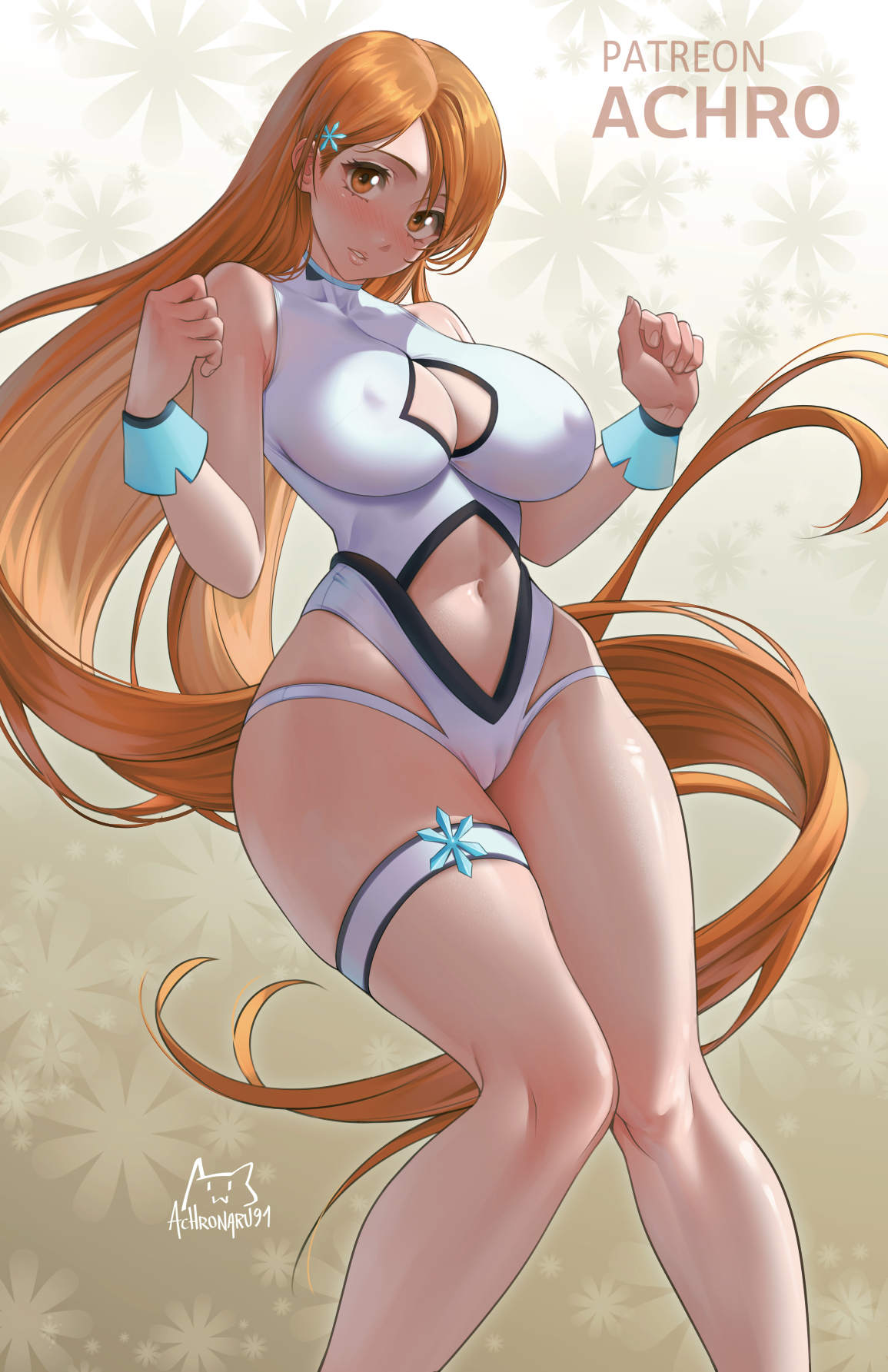 achromaru, bleach, 1girl, alternate costume, breasts, large breasts, orange hair, solo