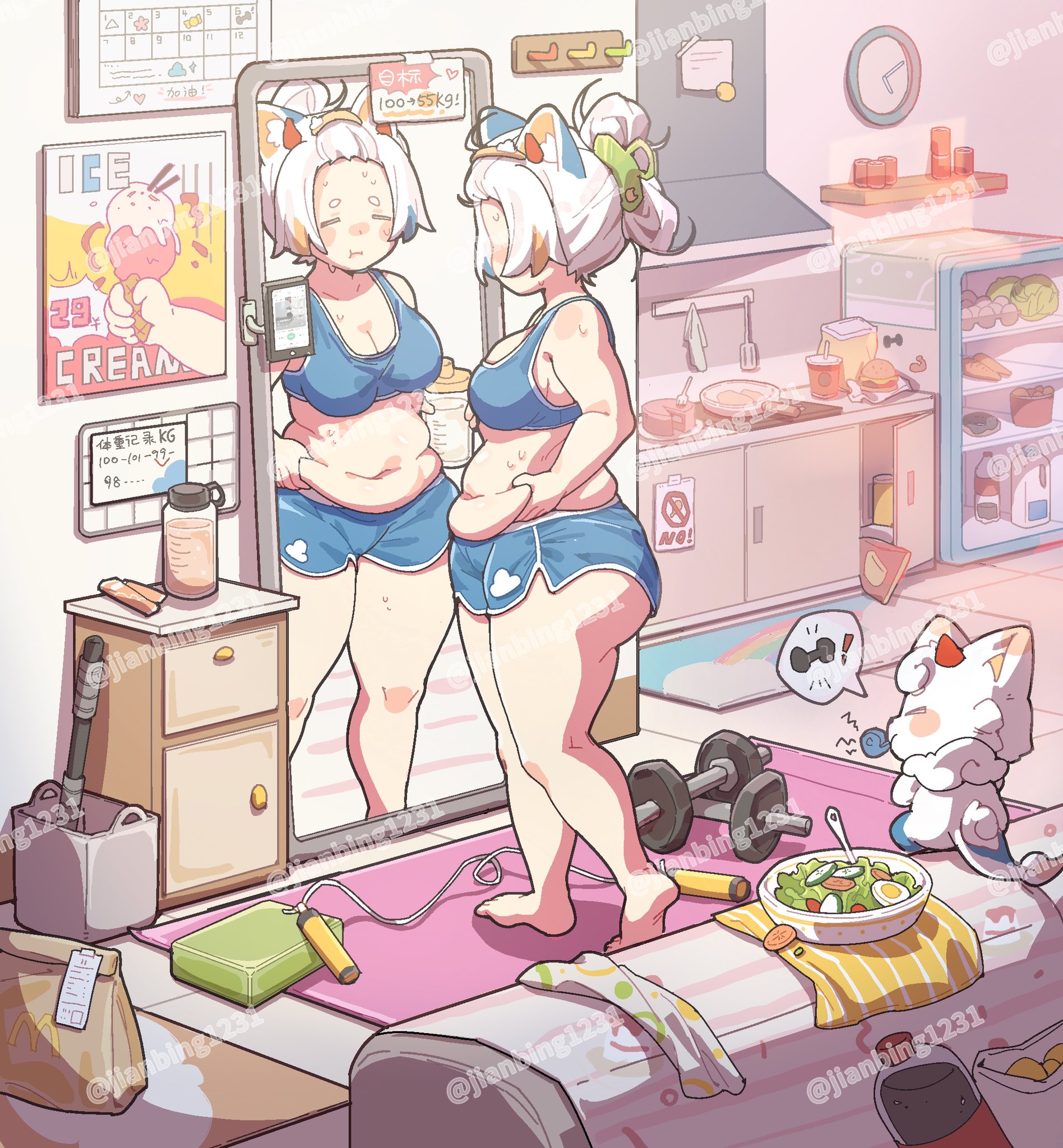 mcdonald's, original, artist request, 1girl, animal ear fluff, animal ears, apartment, belly grab, blonde hair, blue hair, blue shirt, blue shorts, blush, breasts, camisole, chignon, chips (food), closed eyes, crop top, food, from side, hair ornament, hair up, hairclip, horns, jump rope, mascot, medium breasts, mirror, multicolored hair, navel, pancake33, plump, salad, shirt, short shorts, shorts, sleeveless, sleeveless shirt, socks, soda, standing, sweat, thick thighs, thighs, twitter username, watermark, weight conscious, weight gain, weights, white hair, workout clothes