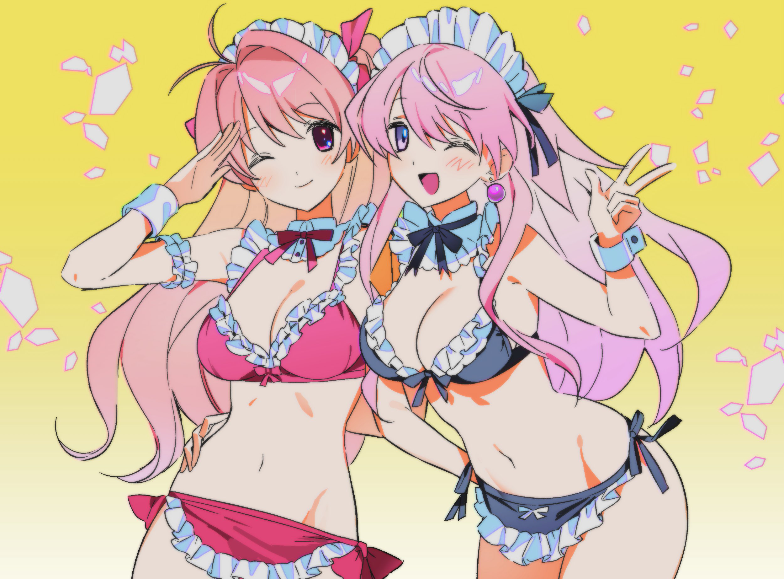 sakihata rimi, seira orgel, blood tune, chaos;head, science adventure, highres, 2girls, ;d, ahoge, alion 9715, bikini, bikini skirt, black bikini, black bra, black ribbon, blush, bow, bra, breasts, cleavage, collar, cowboy shot, frilled bikini, frilled collar, frills, groin, hair bow, locked arms, long hair, looking at viewer, maid, maid bikini, maid headdress, medium breasts, multiple girls, navel, one eye closed, one side up, open mouth, pink eyes, pink hair, purple eyes, red bikini, ribbon, salute, smile, swimsuit, tongue, unconventional maid, underwear, v, wrist cuffs