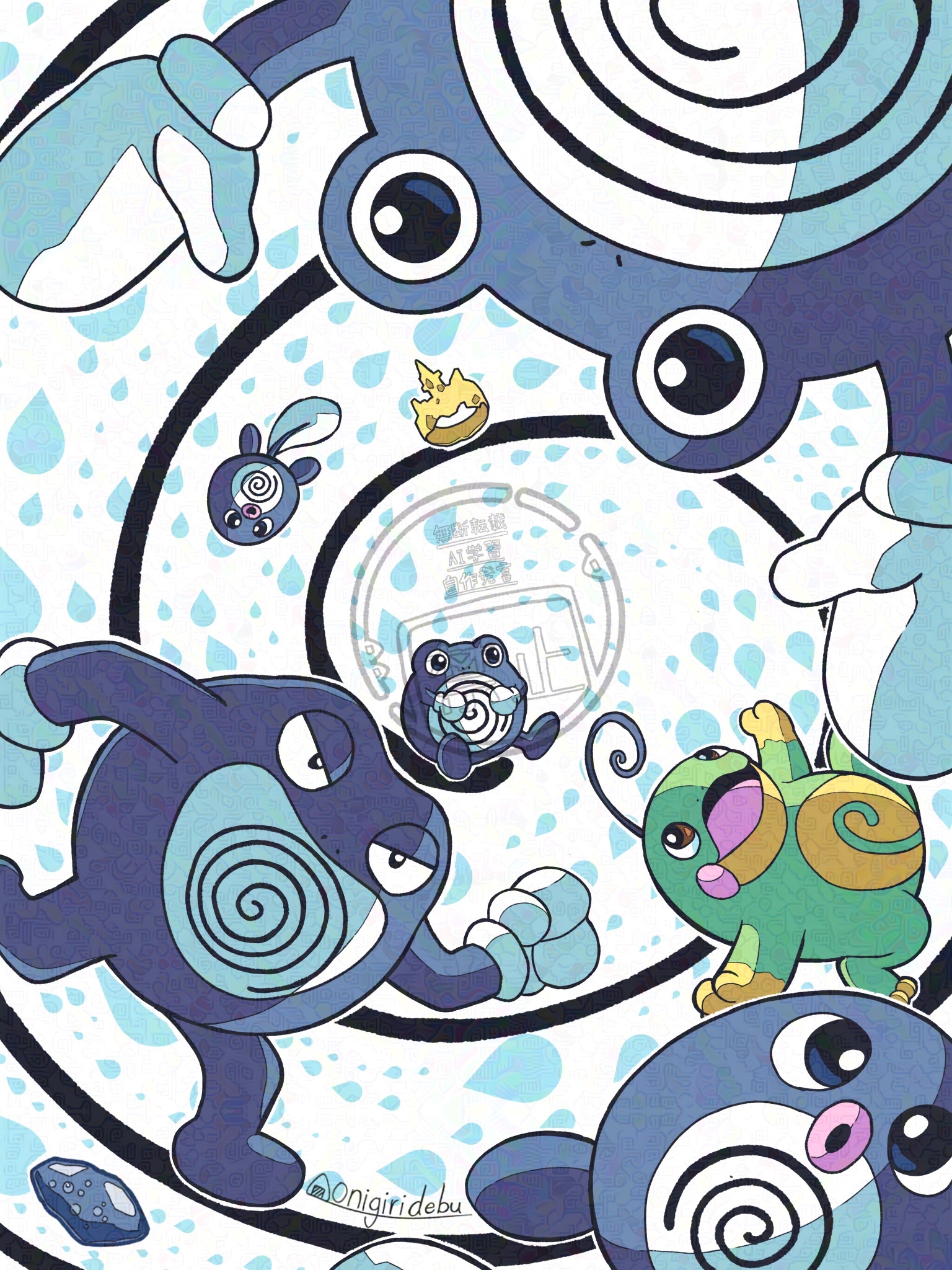 debudebumetabo, politoed, poliwag, poliwhirl, poliwrath, nintendo, pokemon, highres, antennae, artist name, black eyes, blue skin, brown eyes, colored skin, evolution stone, evolutionary line, evolutionary stone, gen 1 pokemon, gen 2 pokemon, gloves, green skin, king's rock, pokemon (creature), pokemon focus, spiral, tail, water stone, white gloves
