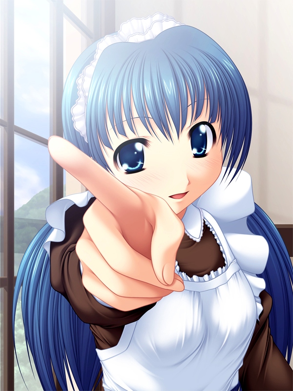 i want you, blue eyes, blue hair, blush, cloud, day, long hair, maid, pointing, propaganda, sky, solo, window