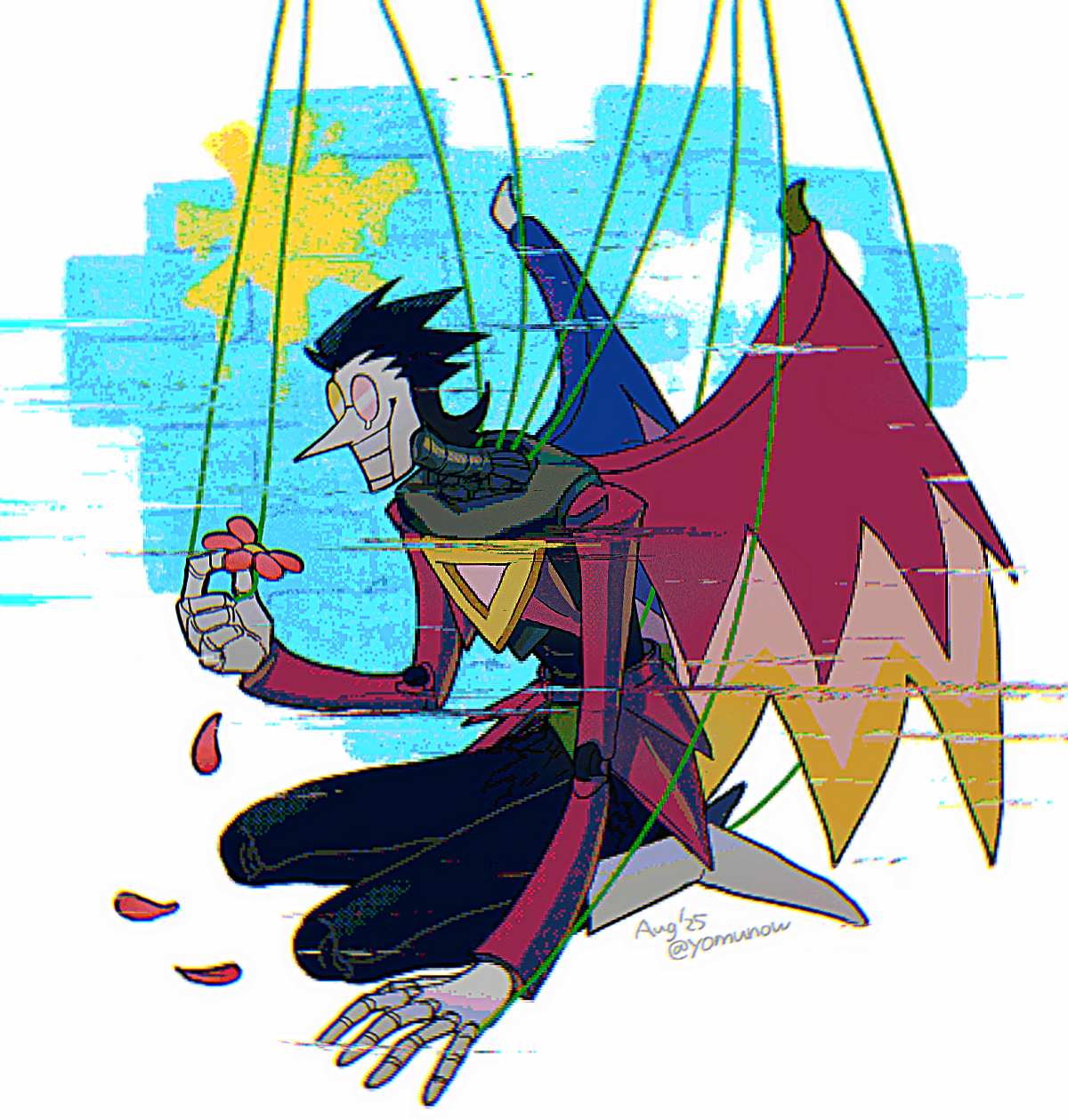 yomunow, spamton g. spamton, spamton neo, deltarune, utdr (toby fox), commentary request, highres, 1boy, black hair, boots, dated, doll joints, falling petals, heterochromatic eyewear, joints, kneeling, long nose, male focus, multicolored wings, petals, pointy nose, puppet strings, solo, tearing up, teeth, tinted eyewear, twitter username, white boots, wings