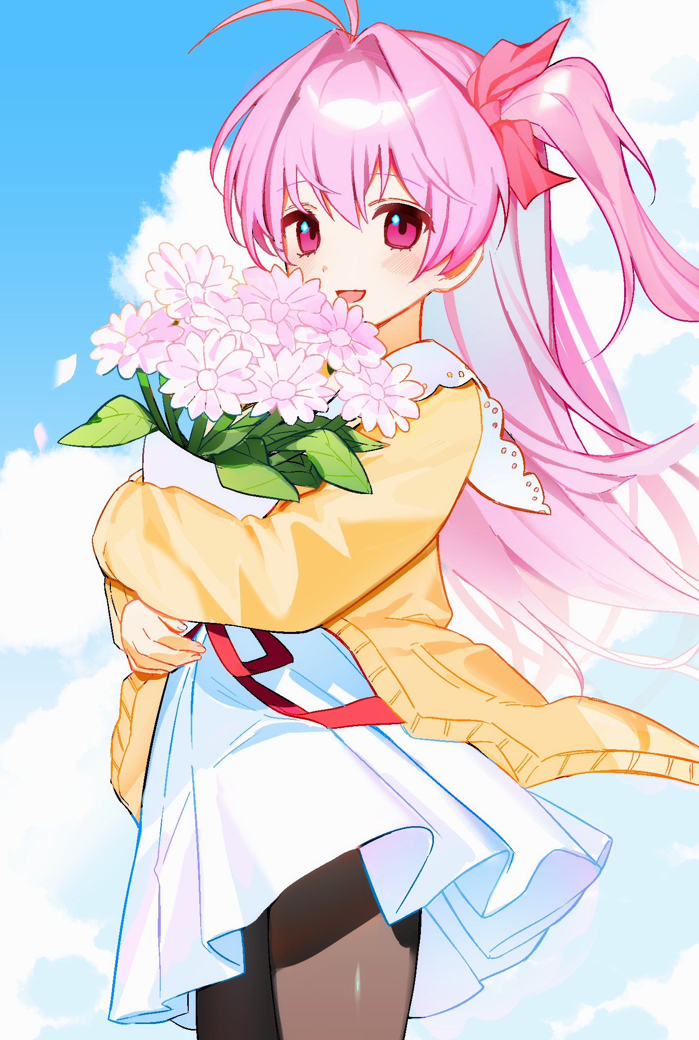 sakihata rimi, chaos;head, science adventure, highres, 1girl, alion 9715, antenna hair, black pantyhose, blue sky, blush, bouquet, brown cardigan, brown jacket, cardigan, casual, cloud, day, dress, flower, hair ribbon, holding, holding bouquet, jacket, long hair, looking at viewer, one side up, open cardigan, open clothes, pantyhose, pink eyes, pink hair, pink ribbon, red ribbon, ribbon, shiny clothes, shiny legwear, sky, smile, solo, tongue, white dress