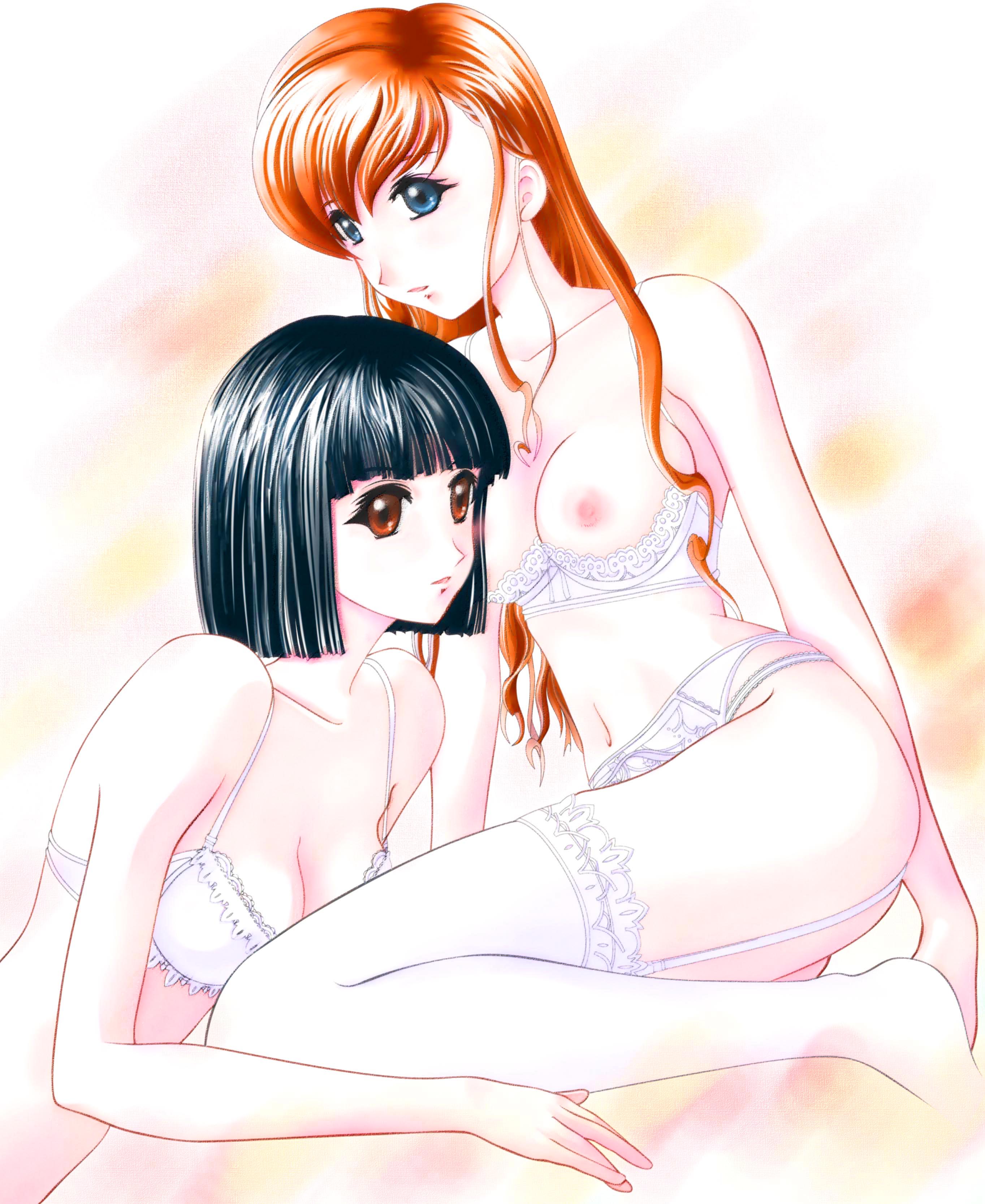 nenchi, nijou noriko, toudou shimako, maria-sama ga miteru, absurdres, highres, 00s, 2girls, black hair, blue eyes, bra, bra pull, breasts, cleavage, clothes pull, garter belt, garter straps, kneeling, lace, lingerie, long hair, multiple girls, nipples, orange hair, panties, red eyes, short hair, thighhighs, underwear, underwear only, white thighhighs