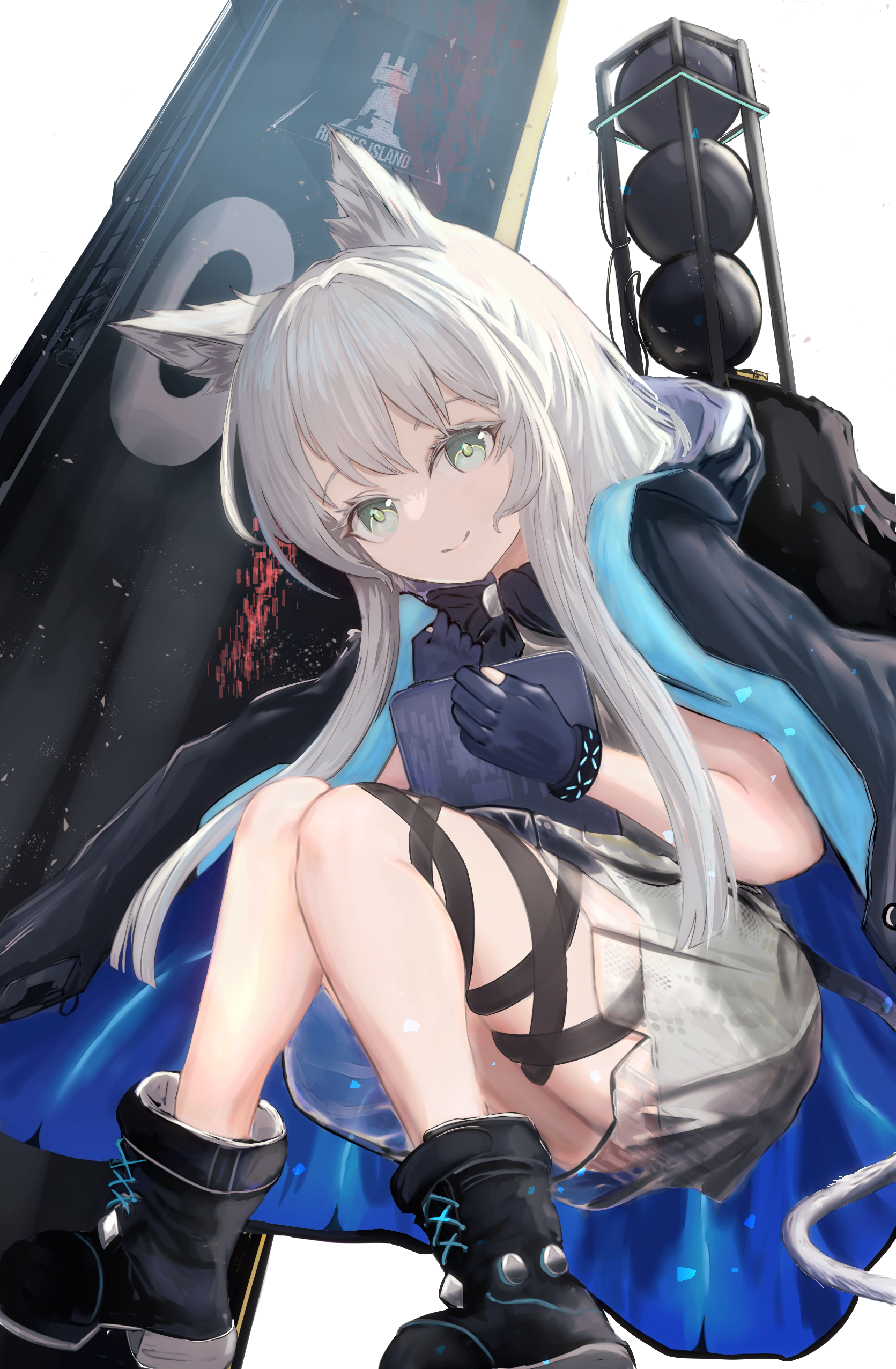 infection monitor (arknights), rosmontis (arknights), arknights, absurdres, commentary, highres, 1girl, animal ear fluff, animal ears, black boots, black cloak, black gloves, blue cloak, boots, cat ears, cat girl, cat tail, cloak, dress, fingerless gloves, full body, gloves, green eyes, grey dress, grey hair, hood, hood down, hooded cloak, long hair, looking at viewer, ne ru 7, rhodes island logo (arknights), smile, solo, tail, thigh strap, thighs, two-sided cloak, two-sided fabric