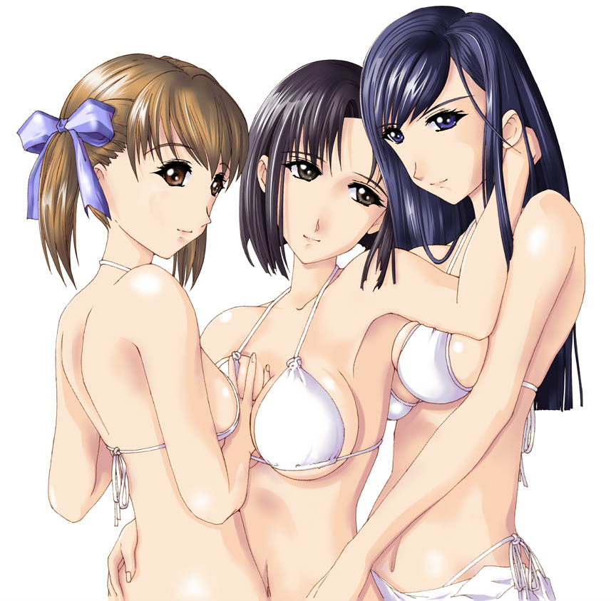 nenchi, fukuzawa yumi, mizuno youko, ogasawara sachiko, maria-sama ga miteru, 00s, 3girls, armpits, back, between breasts, bikini, black eyes, black hair, blue eyes, blue hair, bow, breasts, brown hair, cleavage, girl sandwich, grabbing another's breast, groping, hair bow, hair ribbon, head tilt, highleg, highleg bikini, hug, large breasts, long hair, looking back, multiple girls, navel, red eyes, ribbon, sandwiched, sarong, short hair, short twintails, side-tie bikini bottom, sideboob, smile, swimsuit, twintails, underboob, yuri