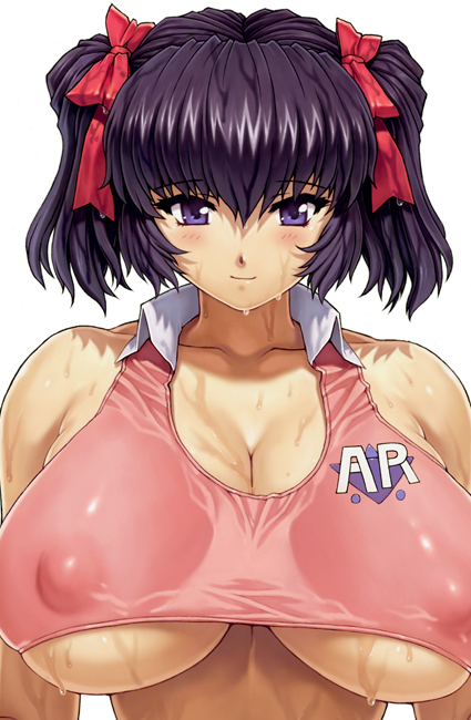 mogudan, 1girl, blush, breasts, cleavage, huge breasts, large breasts, purple eyes, purple hair, ribbon, smile, solo focus, tank top, twintails, underboob, wet