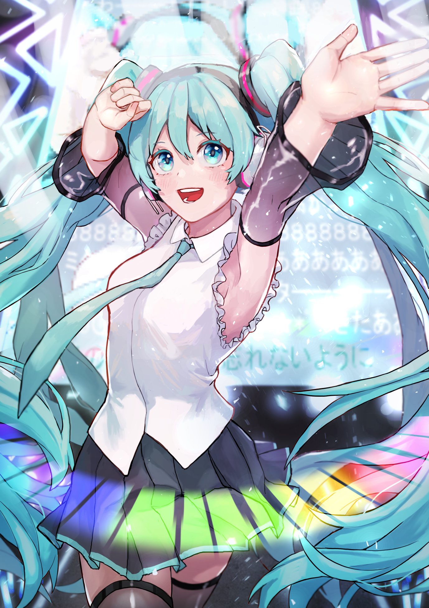 kuqfh, hatsune miku, vocaloid, highres, 1girl, aqua eyes, aqua hair, aqua necktie, aqua trim, armpits, arms up, black skirt, blush, detached sleeves, hair between eyes, hair ornament, headset, long hair, long sleeves, looking at viewer, miniskirt, necktie, open mouth, pleated skirt, see-through clothes, see-through sleeves, shirt, skirt, sleeveless, sleeveless shirt, smile, solo, twintails, very long hair, white shirt, wide sleeves