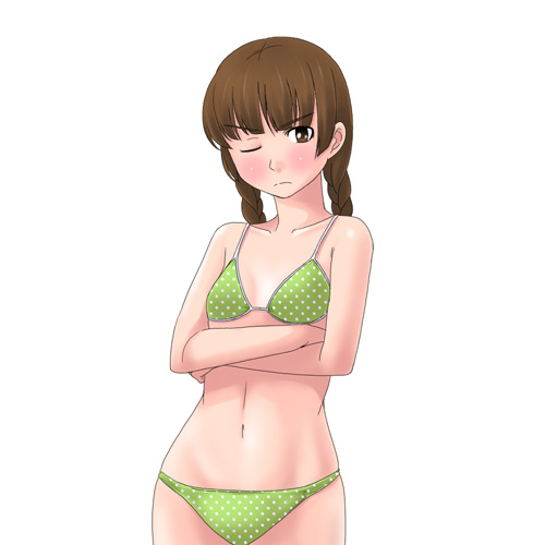 toshifumi, shimazu yoshino, maria-sama ga miteru, lowres, 00s, 1girl, bikini, blush, braid, breasts, brown eyes, brown hair, cowboy shot, crossed arms, female focus, frown, green bikini, looking at viewer, navel, one eye closed, polka dot, polka dot bikini, simple background, small breasts, solo, swimsuit, twin braids, white background