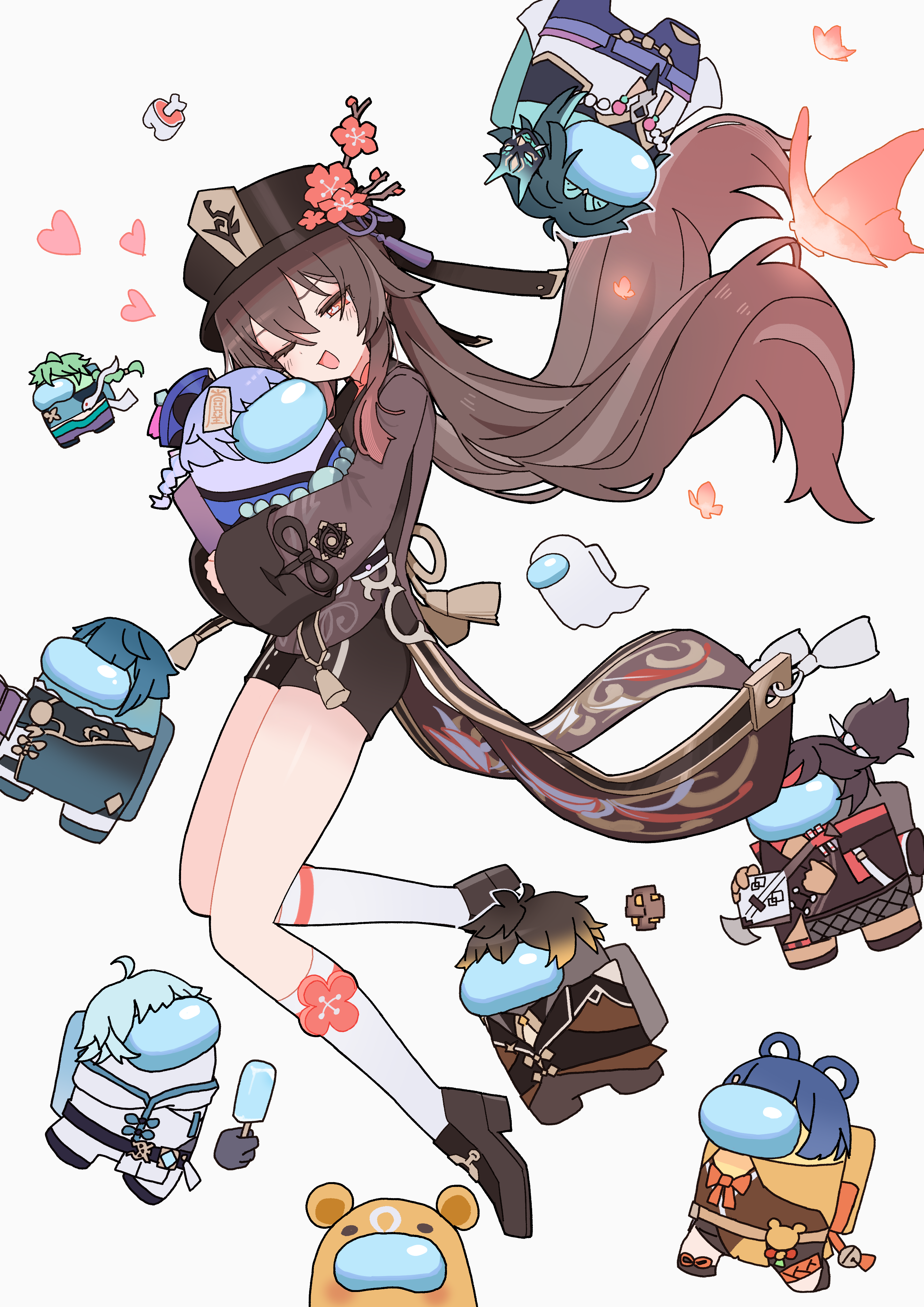 origami gyokuo, baizhu (genshin impact), chongyun (genshin impact), crewmate (among us), guoba (genshin impact), hu tao (genshin impact), qiqi (genshin impact), xiangling (genshin impact), xiao (genshin impact), xingqiu (genshin impact), xinyan (genshin impact), zhongli (genshin impact), among us, genshin impact, absurdres, highres, 1girl, 6+others, baizhu (genshin impact) (cosplay), black hat, chongyun (genshin impact) (cosplay), cosplay, floating hair, flower-shaped pupils, guoba (genshin impact) (cosplay), hat, heart, kneehighs, long hair, long sleeves, looking at another, multiple others, one eye closed, open mouth, qiqi (genshin impact) (cosplay), red eyes, shoes, simple background, smile, socks, symbol-shaped pupils, very long hair, white background, white socks, xiangling (genshin impact) (cosplay), xiao (genshin impact) (cosplay), xingqiu (genshin impact) (cosplay), xinyan (genshin impact) (cosplay), zhongli (genshin impact) (cosplay)