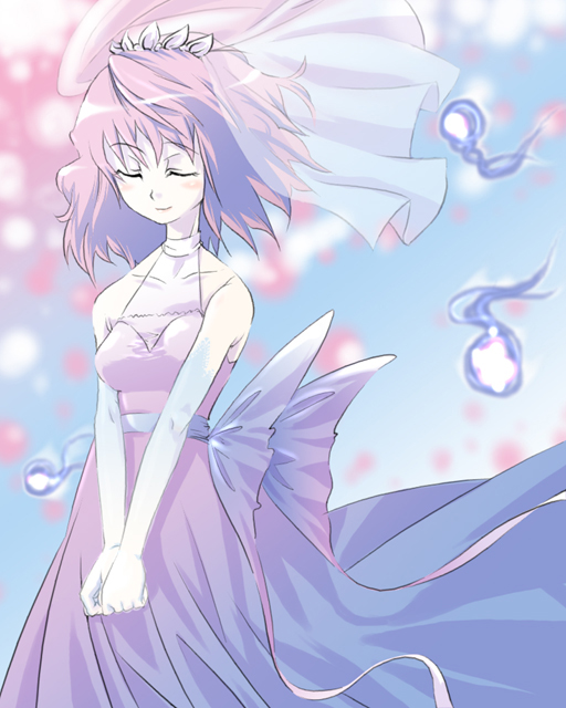 gengorou, saigyouji yuyuko, touhou, 1girl, breasts, dress, female focus, hat, outdoors, pink hair, short hair, sky, solo, wedding dress
