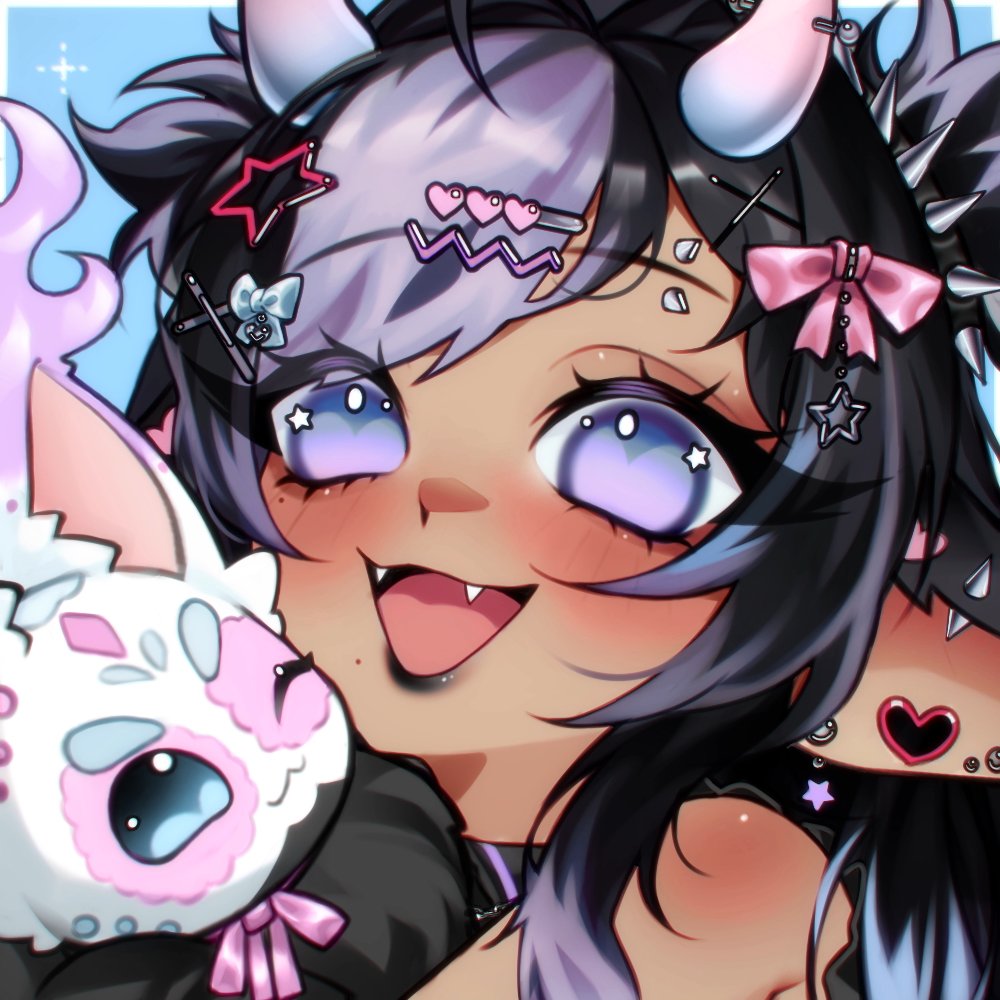 indie virtual youtuber, commentary, symbol-only commentary, 1girl, :d, black hair, black lips, blue background, blush, bow, fangs, hair bow, hair ornament, im monimon, lipstick, long hair, looking at viewer, makeup, multicolored hair, open mouth, parted bangs, pink bow, portrait, purple eyes, purple hair, simple background, single bare shoulder, smile, solo, star (symbol), star hair ornament, star in eye, symbol in eye, two-tone hair, virtual youtuber, vnyxi