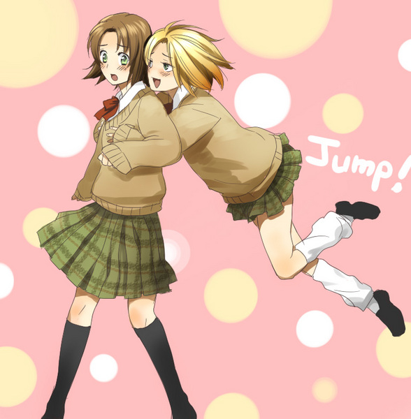 mizuhara aki, lithuania (hetalia), poland (hetalia), axis powers hetalia, image sample, pixiv sample, resized, 00s, 2boys, blonde hair, blush, brown hair, crossdressing, crossdressing (mtf), hug, kneehighs, loose socks, male focus, multiple boys, school uniform, serafuku, skirt, socks, trap on trap