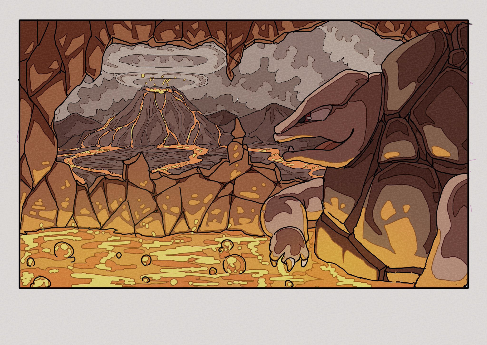 onamuzi illust, golem (pokemon), nintendo, pokemon, highres, cloud, cloudy sky, fang, fire, gen 1 pokemon, lava, lava bath, no humans, open mouth, pokemon (creature), pokemon focus, rock, sky, smile, volcano