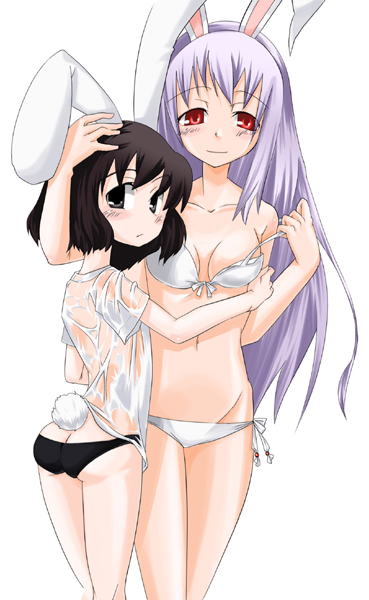 gengorou, inaba tewi, reisen udongein inaba, touhou, 2girls, animal ears, ass, bikini, black hair, breasts, butt crack, female focus, long hair, multiple girls, purple hair, rabbit ears, rabbit girl, rabbit tail, short hair, side-tie bikini bottom, simple background, swimsuit, tail, white background