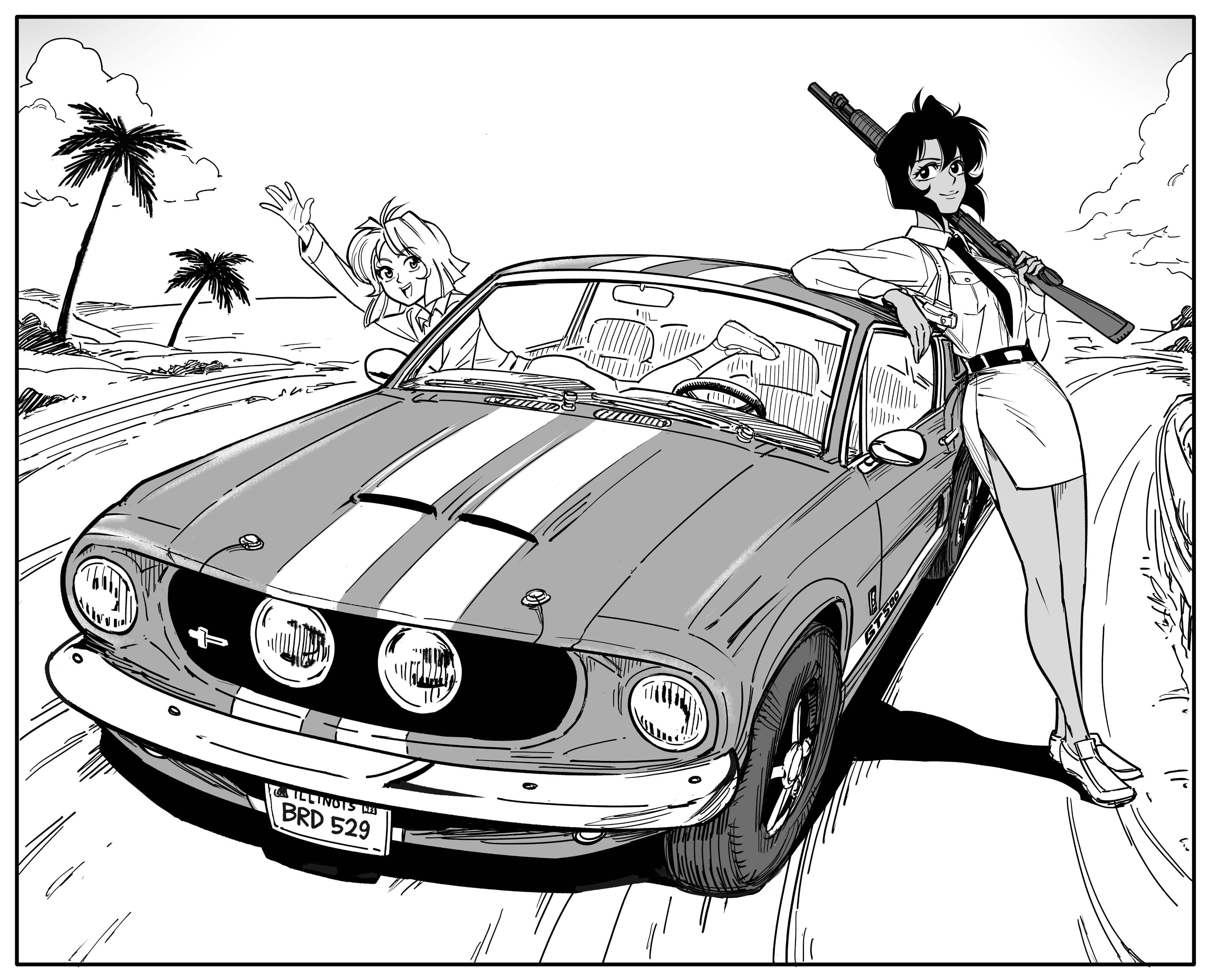 bb (baalbuddy), minnie may hopkins, rally vincent, ford mustang, gunsmith cats, absurdres, commentary, commission, english commentary, highres, 2girls, belt, car, closed mouth, dark-skinned female, dark skin, greyscale, gun, hair between eyes, holster, license plate, long sleeves, medium hair, monochrome, motor vehicle, multiple girls, necktie, open mouth, outdoors, over shoulder, palm tree, pencil skirt, shelby gt500, shirt, shoes, short hair, shotgun, shoulder holster, skirt, smile, standing, tree, waving, weapon, weapon over shoulder