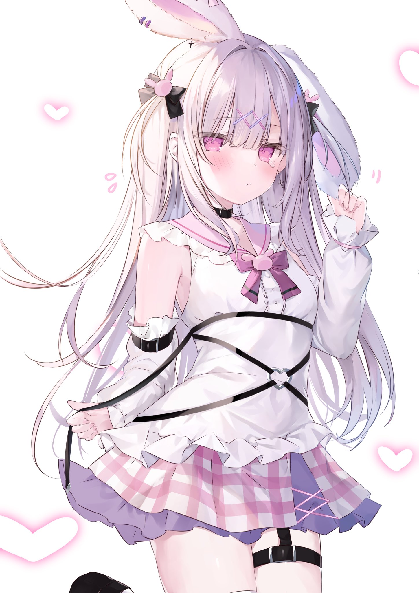 usatama amyu, indie virtual youtuber, artist request, highres, second-party source, 1girl, animal ears, black bow, black choker, blush, bow, choker, detached sleeves, frilled sailor collar, frills, hair bow, hair ornament, heart, long hair, long sleeves, looking at viewer, pink eyes, pink sailor collar, pink skirt, plaid clothes, plaid skirt, rabbit ears, rabbit hair ornament, sailor collar, shirt, simple background, skirt, solo, two side up, virtual youtuber, white background, white shirt, white sleeves, x hair ornament