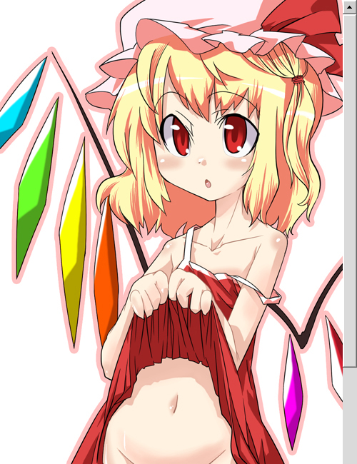 gengorou, flandre scarlet, touhou, 1girl, blonde hair, clothes lift, dress, dress lift, fake scrollbar, female focus, flat chest, loli, navel, nude, out-of-frame censoring, ponytail, red eyes, short hair, solo, strap slip