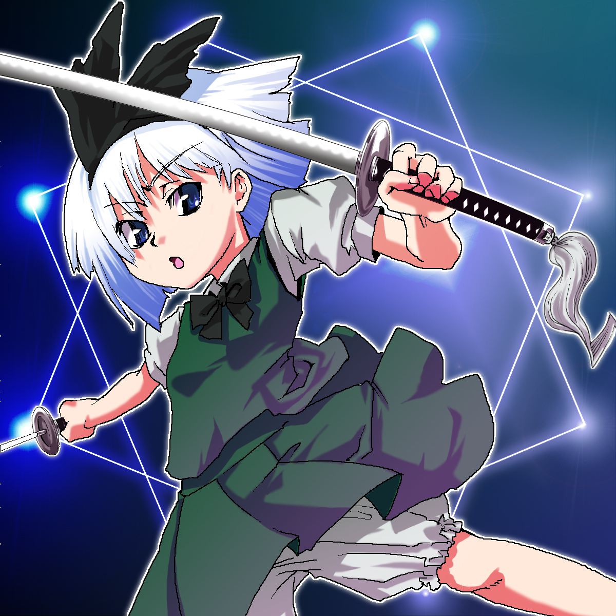 gengorou, konpaku youmu, touhou, highres, 1girl, bloomers, female focus, gradient background, katana, short hair, skirt, solo, sword, underwear, weapon, white bloomers