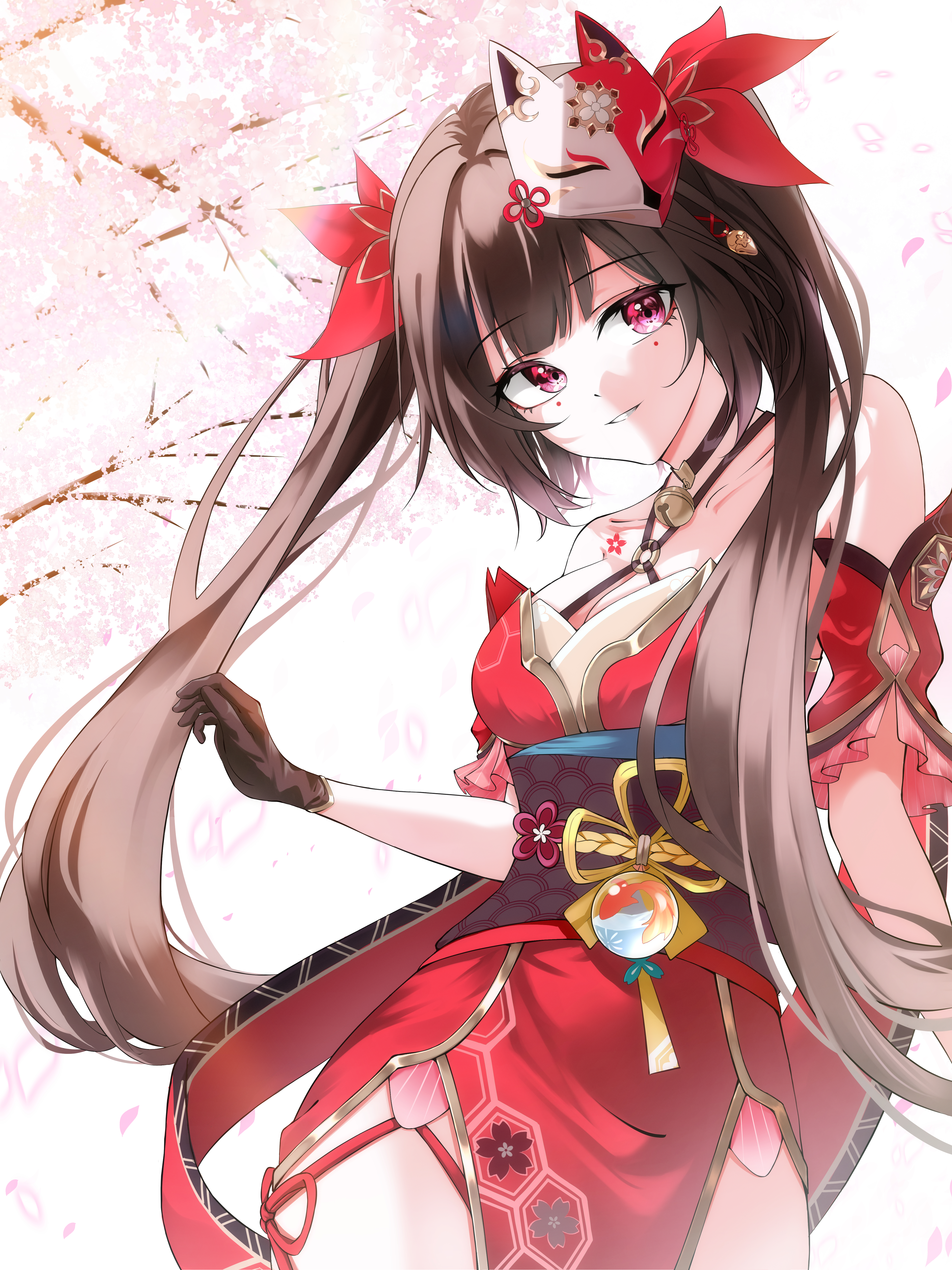 sparkle (honkai: star rail), honkai: star rail, honkai (series), absurdres, commentary, highres, 1girl, bare shoulders, bell, black choker, black gloves, black sash, blunt bangs, brown hair, butterfly-shaped pupils, cherry blossom print, cherry blossoms, choker, cowboy shot, criss-cross halter, detached sleeves, dress, eyelashes, falling petals, floral print, floral print dress, flower tattoo, fox mask, gloves, halterneck, hand up, jingle bell, long hair, looking at viewer, mark under both eyes, mask, mask on head, neck bell, nia noki, parted lips, petals, print dress, red dress, red eyes, red sleeves, sash, sidelocks, simple background, sleeveless, sleeveless dress, smile, solo, symbol-shaped pupils, tattoo, twintails, very long hair, white background