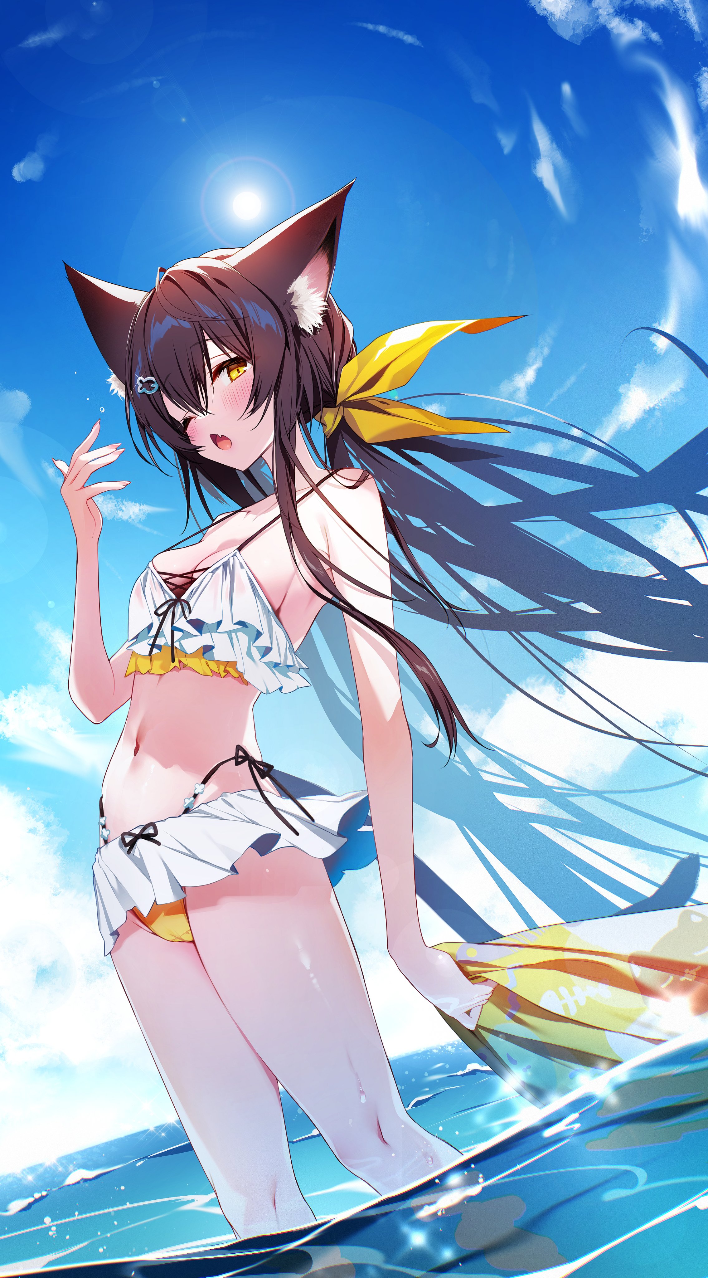 kurimochi chizuru, original, absurdres, highres, 1girl, animal ear fluff, animal ears, bare arms, bikini, bikini skirt, blue sky, blush, breasts, brown hair, cat ears, cleavage, cloud, day, fang, frilled bikini, frills, hair ornament, hair ribbon, long hair, looking at viewer, medium breasts, navel, one eye closed, open mouth, outdoors, ribbon, sky, solo, stomach, swimsuit, very long hair, white bikini, yellow bikini, yellow eyes