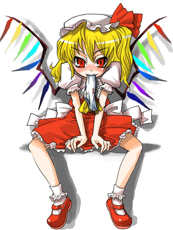 gengorou, flandre scarlet, touhou, 1girl, blonde hair, blush, female focus, full body, hat, mary janes, mob cap, mouth hold, panties, ribbon, shoes, short hair, solo, underwear, white background, wings