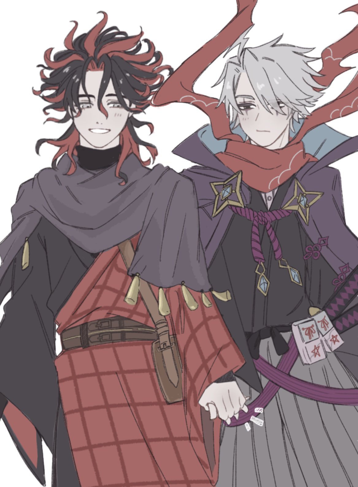 dante alighieri (fate), james moriarty (dream portrait) (fate), james moriarty (ruler) (fate), fate/grand order, fate (series), highres, 2boys, alternate costume, belt, black hair, black kimono, black scarf, brown belt, cape, closed mouth, colored inner hair, cowboy shot, dante alighieri (kyomaf 2025) (fate), floating scarf, grey hair, grey hakama, hair over one eye, hakama, hakama skirt, holding hands, hood, hooded cape, japanese clothes, kimono, light blush, long sleeves, looking at another, looking down, male focus, medium hair, multicolored hair, multiple boys, official alternate costume, parted lips, red hair, red scarf, scarf, simple background, skirt, tassel, teeth, two-sided cape, two-sided fabric, two-tone hair, vine3080, white background