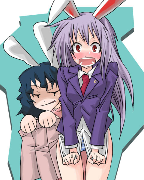 gengorou, inaba tewi, reisen udongein inaba, touhou, 2girls, animal ears, black hair, blush, female focus, long hair, multiple girls, panties, purple hair, rabbit ears, short hair, skirt, striped clothes, striped panties, underwear