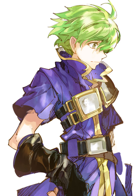 noki (affabile), wolt (fire emblem), fire emblem, fire emblem: the binding blade, nintendo, 1boy, ahoge, black gloves, closed mouth, gloves, green eyes, green hair, looking to the side, male focus, solo, upper body