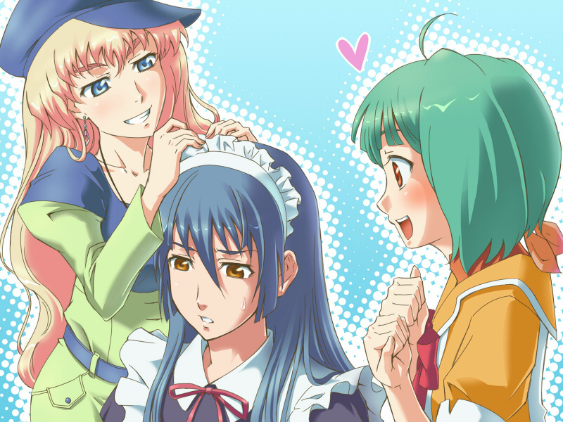 nishiwaki, ranka lee, saotome alto, sheryl nome, macross, macross frontier, 00s, 1boy, 2girls, :d, ahoge, apron, beret, black dress, blonde hair, blue eyes, blush, collarbone, crossdressing, dress, expressionless, frills, grin, hat, maid, maid apron, maid headdress, multiple girls, open mouth, orange dress, puffy short sleeves, puffy sleeves, school uniform, serafuku, short sleeves, smile, tareme, teeth, yuri