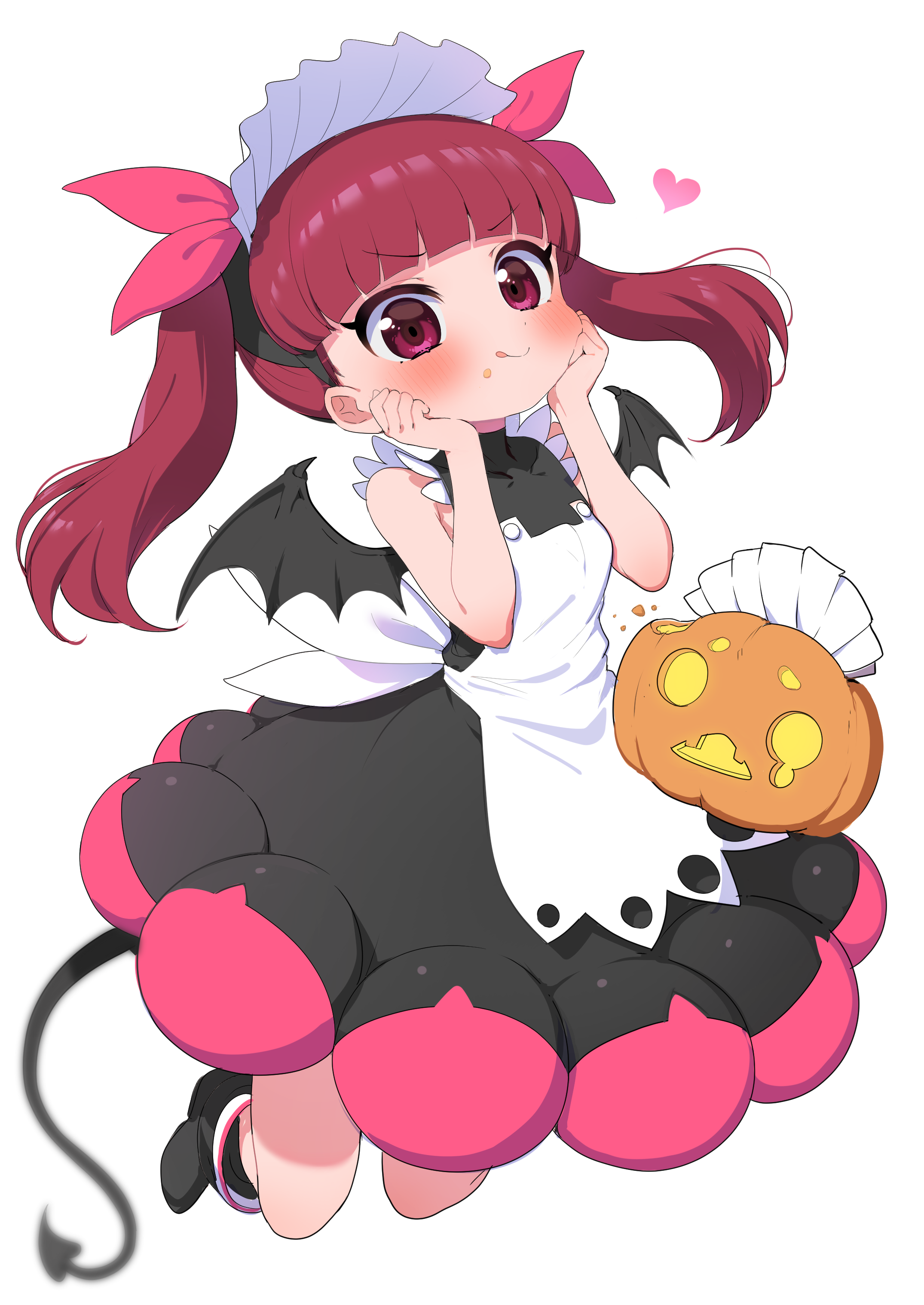 ransusan, rina (kemurikusa), kemurikusa, absurdres, commentary, highres, 1girl, :p, apron, black boots, black dress, blunt bangs, blush, boots, bow, demon tail, demon wings, dress, food, food on face, hair bow, halloween, halloween costume, hands on own face, heart, jack-o'-lantern, long hair, maid headdress, pink bow, red eyes, red hair, simple background, sleeveless, sleeveless dress, smile, solo, tail, tongue, tongue out, twintails, white background, wings