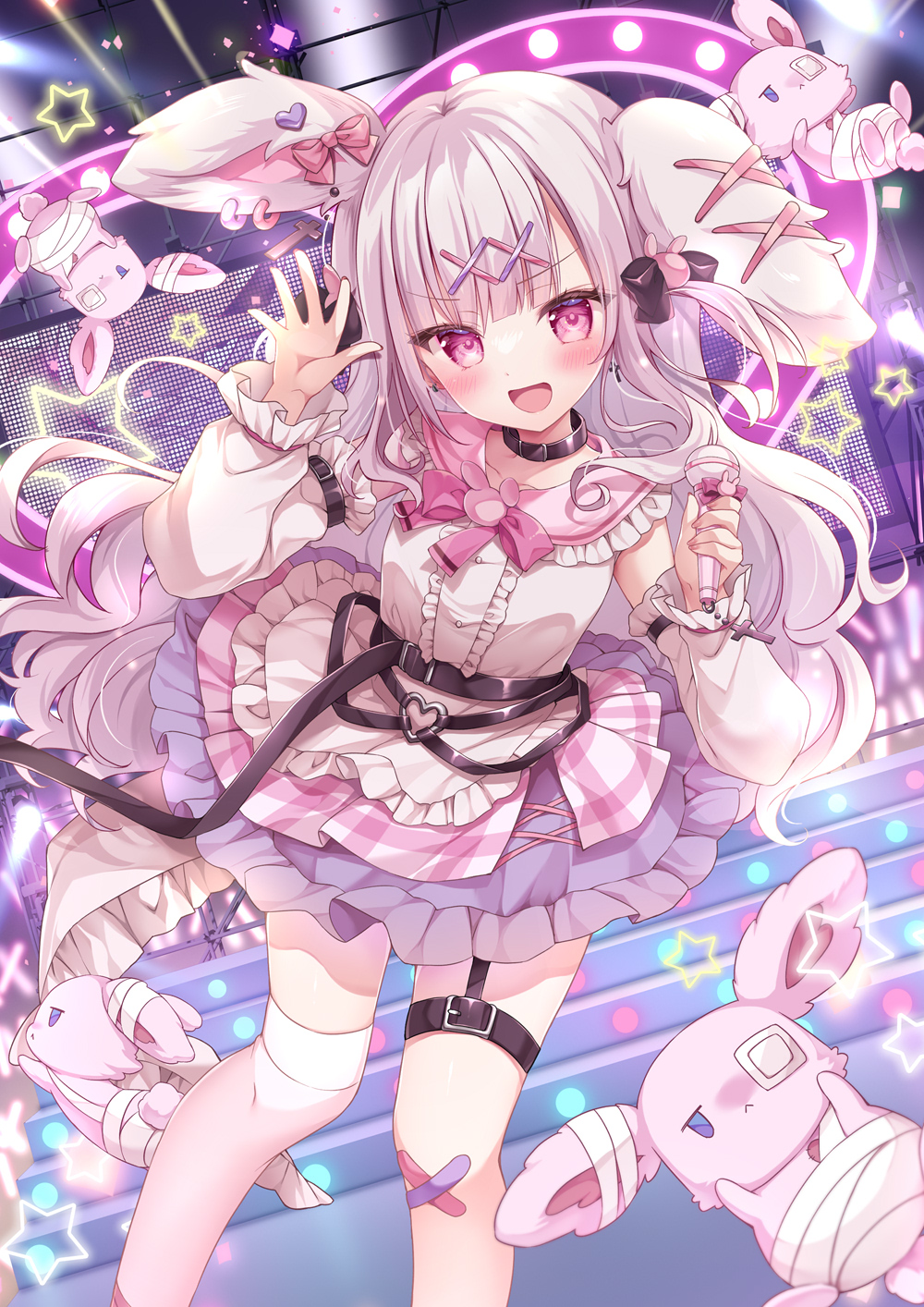 picpicgram, original, highres, 1girl, :d, animal ears, black bow, bow, center frills, detached sleeves, frilled skirt, frills, grey hair, hair ornament, holding, holding microphone, long hair, long sleeves, microphone, open mouth, puffy long sleeves, puffy sleeves, purple skirt, rabbit ears, sailor collar, shirt, skirt, sleeveless, sleeveless shirt, smile, solo, stuffed animal, stuffed rabbit, stuffed toy, thighhighs, two side up, very long hair, virtual youtuber, white shirt, white sleeves, white thighhighs, x hair ornament