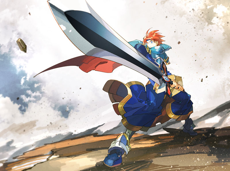 noki (affabile), roy (brave lion) (fire emblem), roy (fire emblem), fire emblem, fire emblem: the binding blade, nintendo, 1boy, blue eyes, debris, durandal (fire emblem), full body, holding, holding sword, holding weapon, male focus, red hair, sword, weapon