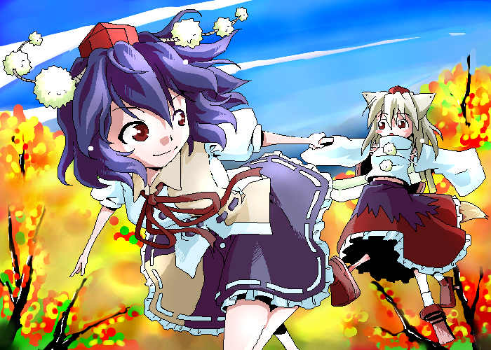 kazuhane, inubashiri momiji, shameimaru aya, touhou, 2girls, animal ears, black hair, female focus, geta, hat, long skirt, multiple girls, purple hair, ribbon, short hair, skirt, sword, tail, tengu-geta, weapon, white hair, wolf ears, wolf tail