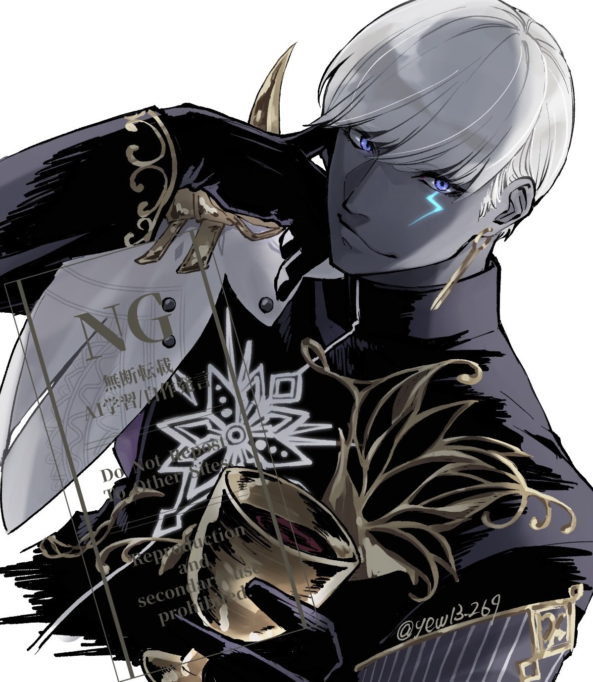 yew (rainyroof), indra (fate), fate/grand order, fate (series), highres, 1boy, black gloves, blue eyes, collared shirt, colored skin, cup, earrings, gloves, grey skin, holding, holding cup, jewelry, lightning bolt symbol, long sleeves, looking at viewer, male focus, print shirt, shirt, short hair, side cape, single earring, smile, smirk, smug, solo, upper body, white hair