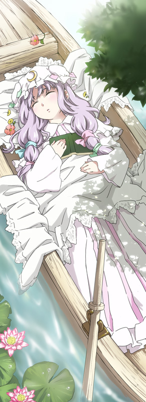 takahata yuki, patchouli knowledge, touhou, 1girl, boat, book, female focus, lying, on back, sleeping, solo, watercraft