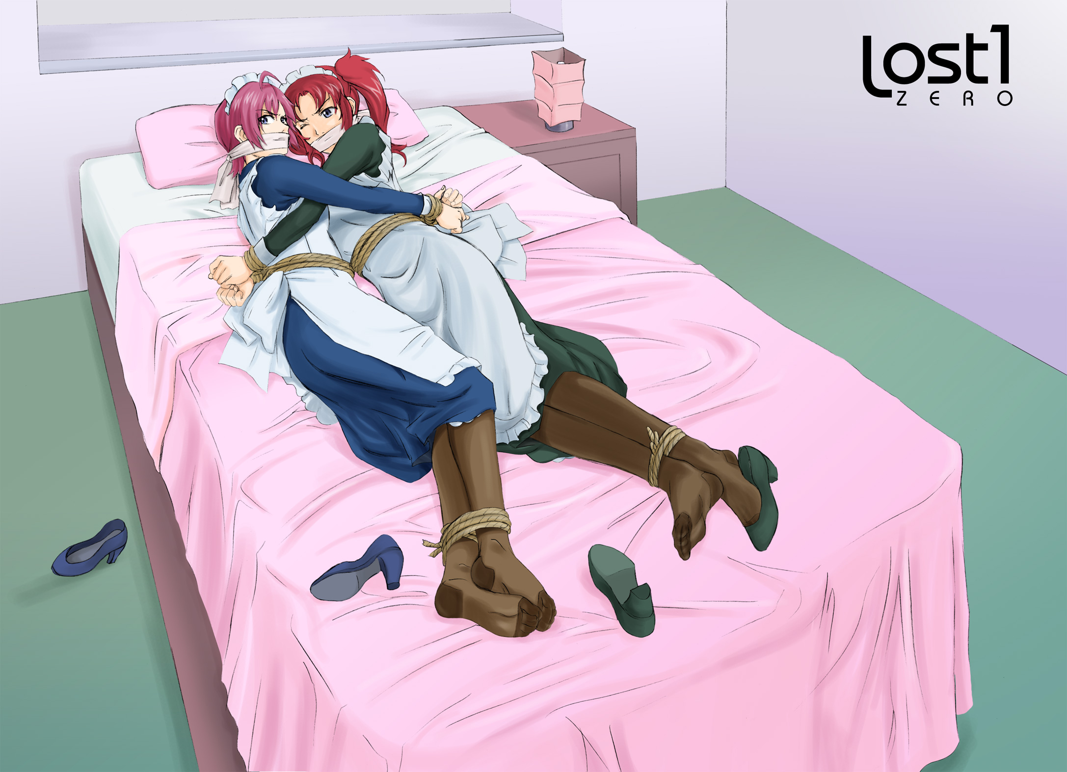 lost1zero, lunamaria hawke, meyrin hawke, gundam, gundam seed, gundam seed destiny, highres, 2girls, bdsm, bed, bondage, feet, gag, high heels, hug, maid, multiple girls, pantyhose, rope, shoe dangle, shoeplay, shoes, single shoe, soles