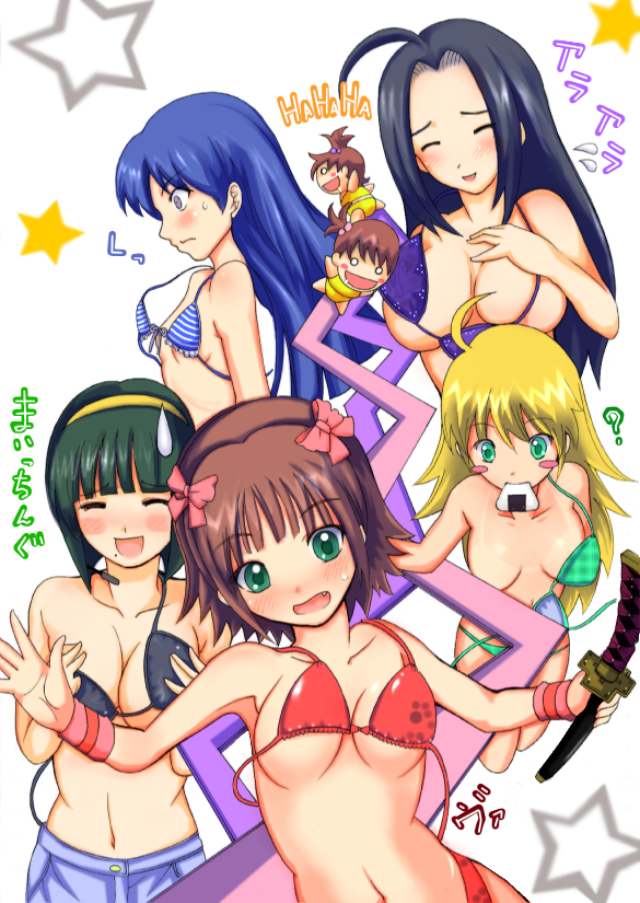 shiina you (tomoshibi), amami haruka, hoshii miki, kisaragi chihaya, miura azusa, otonashi kotori, idolmaster, idolmaster (classic), idolmaster 1, 00s, 6+girls, ?, ahoge, bikini, blonde hair, blush, bow, breasts, chibi, cleavage, closed eyes, embarrassed, everyone, fang, flat chest, hair bobbles, hair bow, hair ornament, hairband, large breasts, long hair, mole, mole under mouth, mouth hold, multiple girls, pink bow, short hair, smile, striped bikini, striped clothes, sweatdrop, swimsuit, undressing, wardrobe malfunction