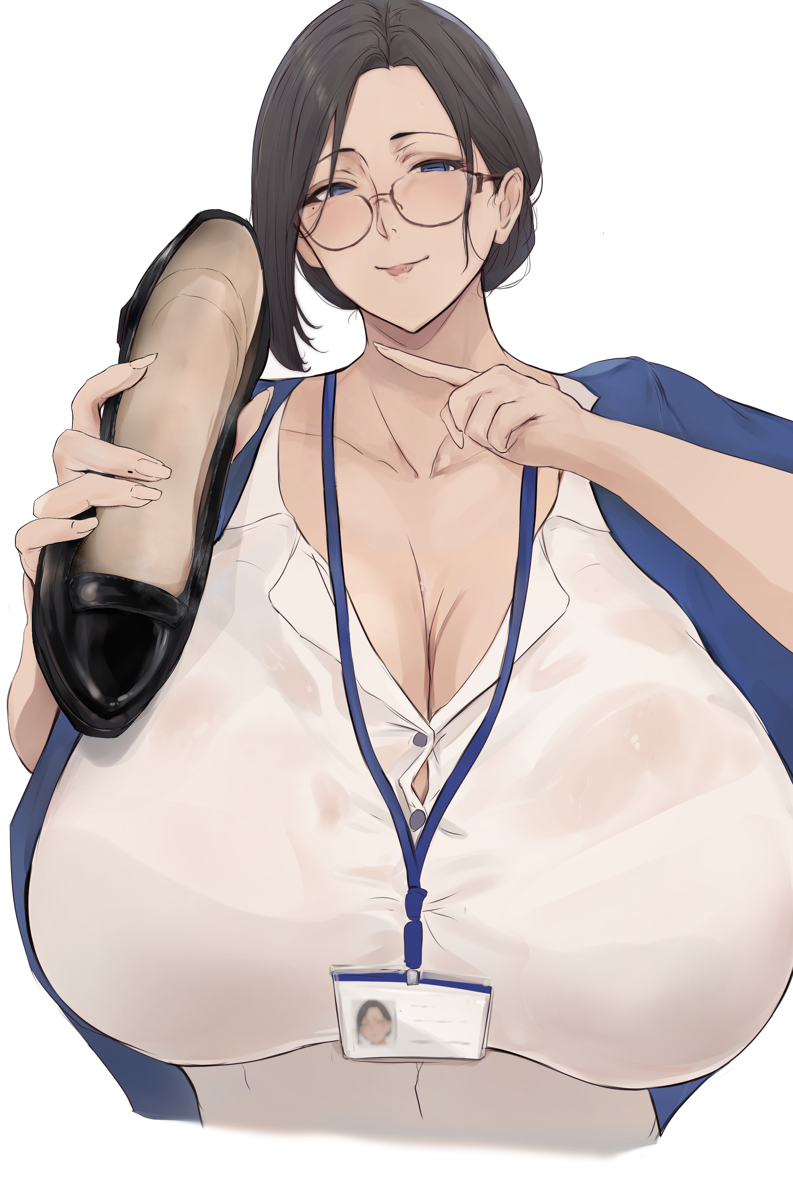 mika l, absurdres, highres, 1girl, black hair, blue eyes, breasts, cleavage, glasses, lanyard, large breasts, light smile, long hair, looking at viewer, mature female, pointing, shoes, single shoe, unworn shoes