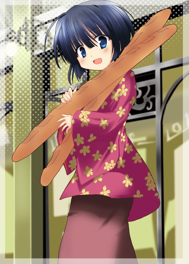 akane souichi, yune (ikoku meiro no croisee), ikoku meiro no croisee, bad id, bad pixiv id, 1girl, blue eyes, blue hair, bread, female focus, food, matching hair/eyes, short hair, solo