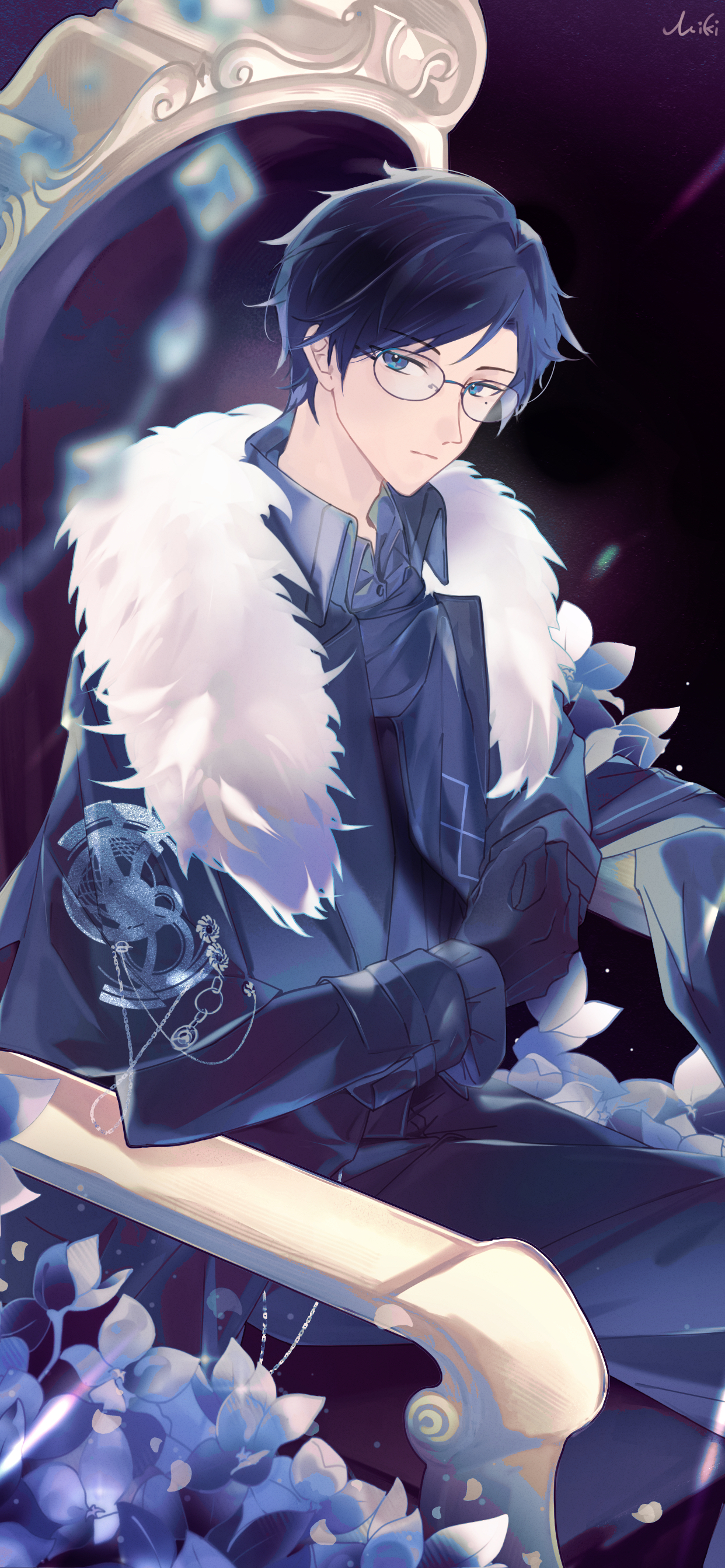fan qian hua bao, clarence clayden, lovebrush chronicles, absurdres, chinese commentary, commentary, highres, 1boy, arm rest, black cape, black coat, black gloves, blue eyes, blue flower, blue hair, blue scarf, blurry, blurry foreground, cape, clarence clayden (until the end of time), closed mouth, coat, collared coat, collared shirt, elbow rest, expressionless, feet out of frame, flower, fur-trimmed cape, fur trim, glasses, gloves, grey shirt, lapels, long sleeves, looking at viewer, male focus, mobile, mole, mole under eye, parted bangs, scarf, shirt, short hair, sideways glance, sitting, sitting on throne, solo, watermark, weibo watermark