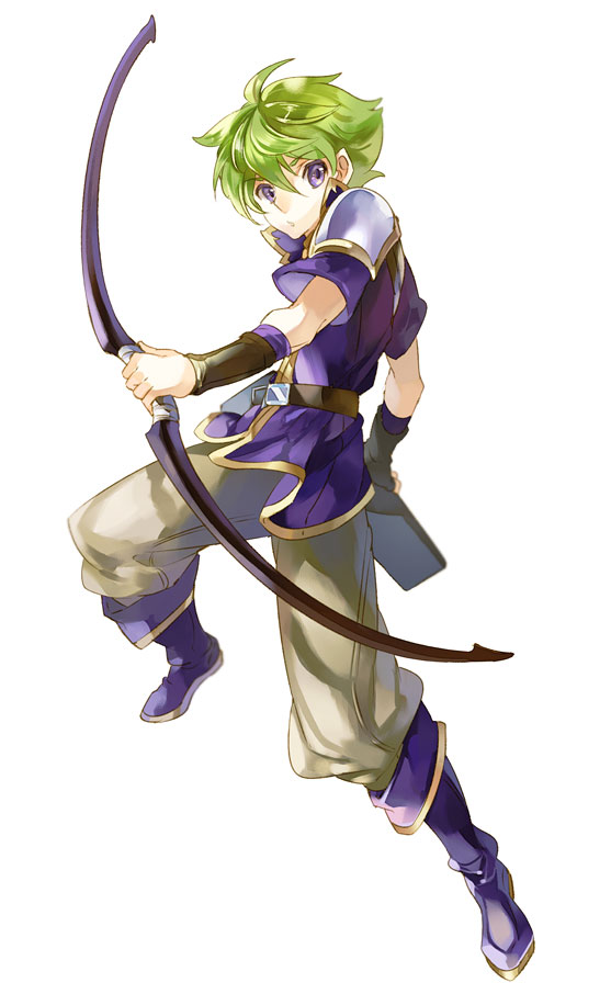 noki (affabile), wolt (fire emblem), fire emblem, fire emblem: the binding blade, nintendo, 1boy, armor, belt, boots, bow (weapon), brown belt, green hair, holding, holding bow (weapon), holding weapon, purple boots, purple eyes, purple tunic, shoulder armor, tunic, weapon, white armor