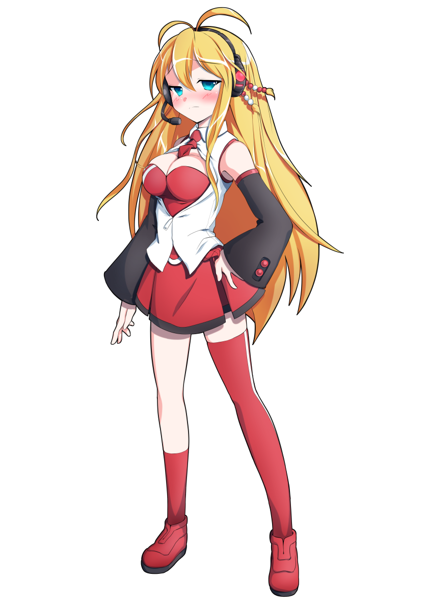 dairi, tsurumaki maki, voiceroid, commentary request, large variant set, variant set, 1girl, :|, antenna hair, bare shoulders, black sleeves, black trim, blonde hair, blue eyes, blush, boots, bow, bowtie, breasts, cleavage, closed mouth, collared shirt, detached sleeves, eyelashes, full body, hair between eyes, hair ornament, half-closed eyes, hand on own hip, headset, kneehighs, large breasts, leotard, light frown, long hair, long sleeves, miniskirt, mismatched socks, red boots, red bow, red bowtie, red leotard, red skirt, red socks, red thighhighs, shirt, simple background, skindentation, skirt, sleeveless, sleeveless shirt, socks, solo, standing, tachi-e, thighhighs, transparent background, white shirt, wing collar