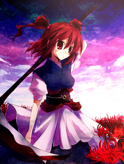 suzushiro kurumi, onozuka komachi, touhou, bad id, bad pixiv id, 1girl, cloud, female focus, flower, outdoors, plant, red flower, red hair, scythe, short hair, sky, solo, spider lily, standing, twintails, two side up